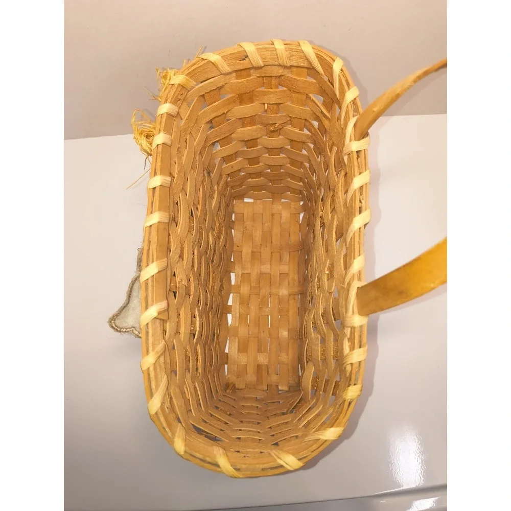 Vintage Woven Basket W Patchwork Quilt Square Flowers In Pot ~Handle, Raffia Bow